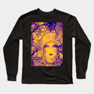 MUSTARD INDIGO FLORAL ART DECO FLAPPER , COLLAGE POSTER PRINT Long Sleeve T-Shirt